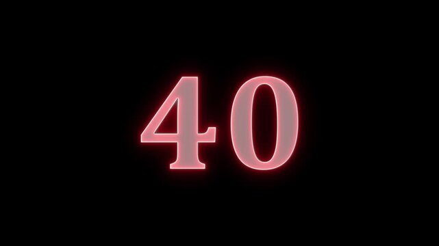 Red glowing neon number forty countdown timer animation on black background footage.