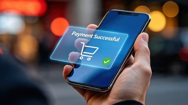 Hand holding smartphone displaying payment successful notification with shopping cart icon, mobile commerce and e-commerce transaction concept