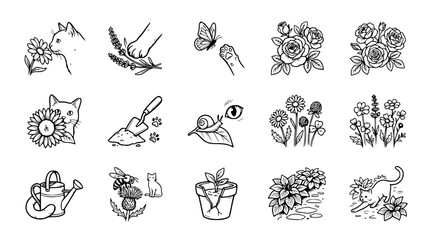 Hand-Drawn Garden Icons: Cats, Flowers, Insects, and Gardening Tools © Teh