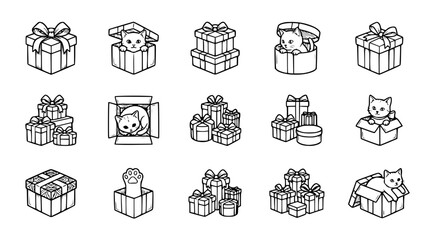 Fototapeta premium Cute Cats Peeking Out of Gift Boxes - Hand Drawn Vector Icon Set