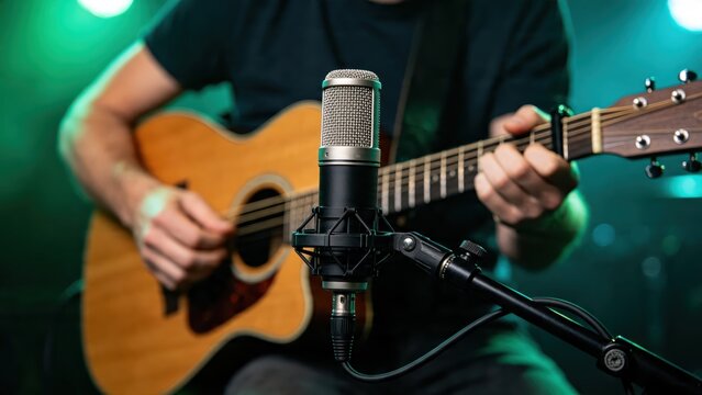 Musician playing acoustic guitar and singing into professional studio microphone under green stage lights for recording session