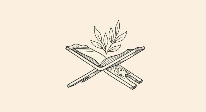 Minimal hand-drawn vector illustration of an open Quran holy book resting on a wooden rehal book stand with olive leaves emerging from the center, black line art on cream background.