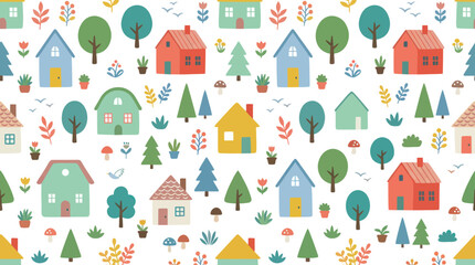 Fototapeta premium Cute Flat Cartoon Village Houses and Trees Seamless Pattern. Home, Lifestyle Kids Design Background.