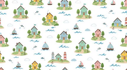 Fototapeta premium Nautical Coastal Seamless Pattern Vector Illustration for Kids Design with Cartoon Houses, Sailboats Lighthouses