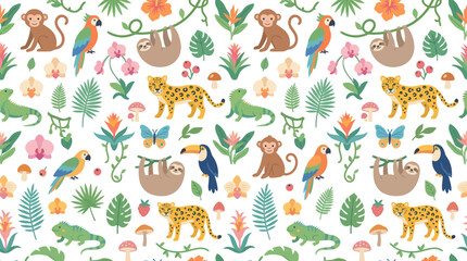 Fototapeta premium Tropical jungle pattern with monkeys, sloths, parrots, leopards, toucans, iguanas, flora