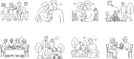 Obraz premium Hand drawn family care vector icon set featuring parents reading baby stroller wheelchair kid kite flying dinner and grandparents elements.