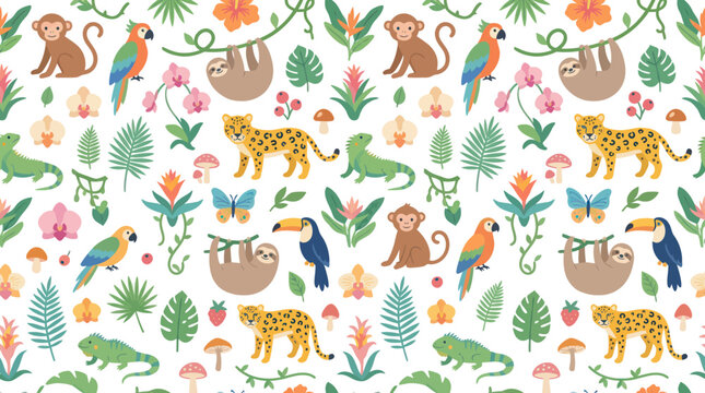 Tropical jungle pattern with monkeys, sloths, parrots, leopards, toucans, iguanas, flora