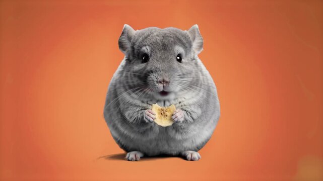 A lovely studio shot of a plump grey domestic chinchilla nibbling on a treat while looking toward the camera. Positioned against a solid warm orange background, this high-quality animal visual is idea