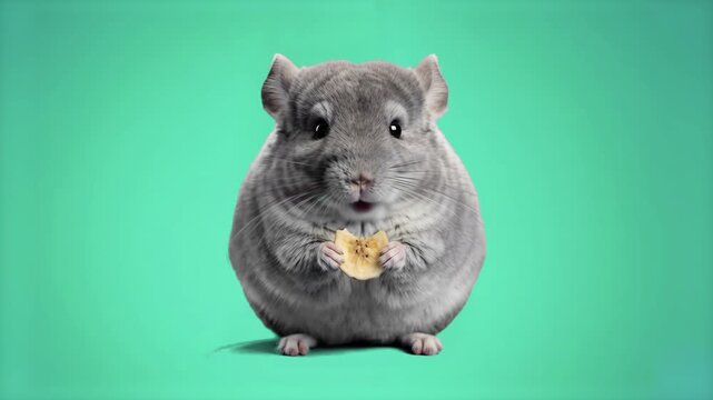 A close-up studio portrait of a fluffy grey chinchilla sitting and holding a small dried fruit treat or cracker in its paws, happily chewing. Set against a clean turquoise green background, this charm