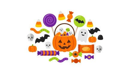 Fototapeta premium Halloweenthemed stock photo featuring a variety of sweets and treats in a pumpkin bucket, perfect for holiday season designs.