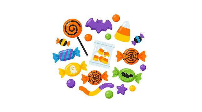 Halloweenthemed assortment of candy treats, including lollipops, gummy worms, and corn sugar, perfect for festive snack designs and decorations.