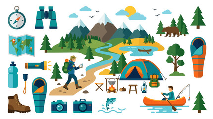 Naklejka premium Exploring the great outdoors with hiking essentials including camping gear, navigation tools, and fishing equipment. Perfect for outdoor adventure concepts.