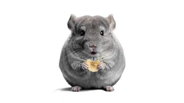 A highly detailed 3D animation of a round, fluffy grey chinchilla sitting upright and holding a piece of dried food in its paws over a white backdrop. Tailored for pet store promotions, animal care tu