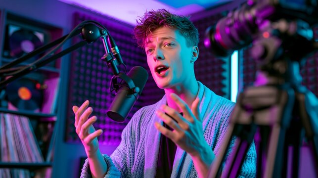 Professional content creator recording a video podcast in a modern high-tech studio