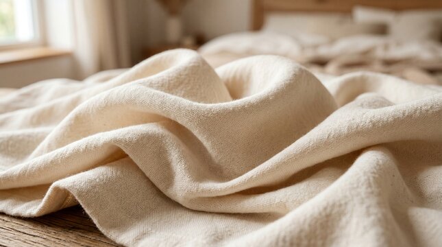 Soft, textured natural cotton fabric folds in gentle, warm light