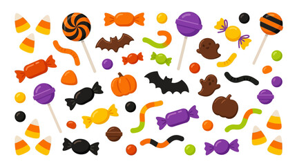 Fototapeta premium Assorted halloween sweets and treats for trickortreating, party invitations, social media posts, seasonal blog articles, and festive promotional materials.
