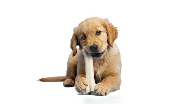 A charming 3D animated scene of a fluffy golden retriever puppy lying down and happily chewing a large white bone against a pure white background. Tailored for dog food packaging, pet accessory promot