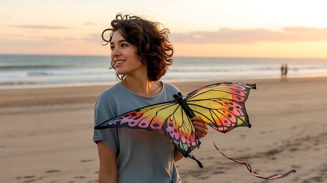 Woman Wearing Colorful Butterfly Wings on Beach at Sunset Fantasy Nature and Freedom Concept