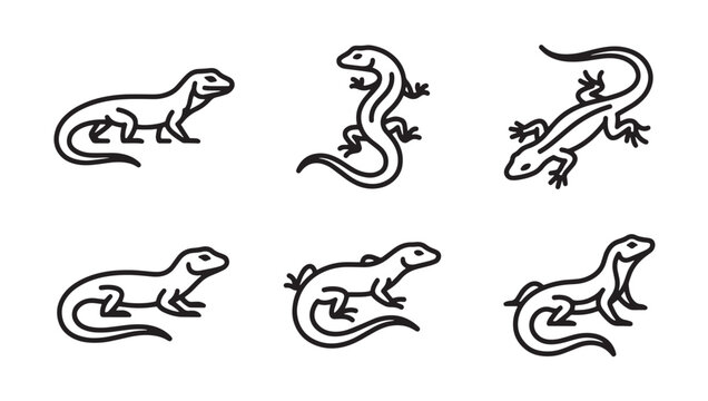 Set of simple lizard vector illustrations in various poses with wildlife creature illustration collection minimalist stylized isolated movement standing crawling tropical predator