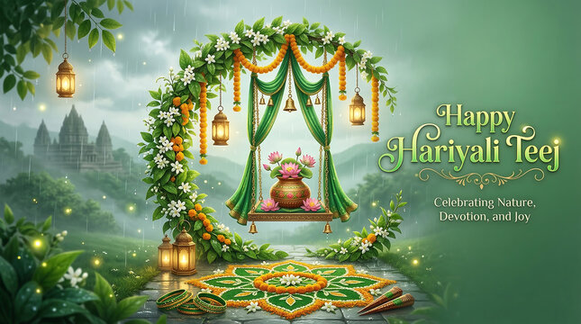 Beautiful hariyali teej celebration scene with floral decorations hanging lamps green drapes lotus pot and traditional rangoli design in lush outdoor setting