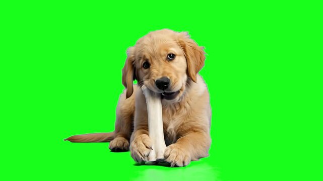 A fluffy golden retriever puppy lies down comfortably while chewing on a white dog bone toy. This high-fidelity character asset features a solid green background for immediate background replacement i
