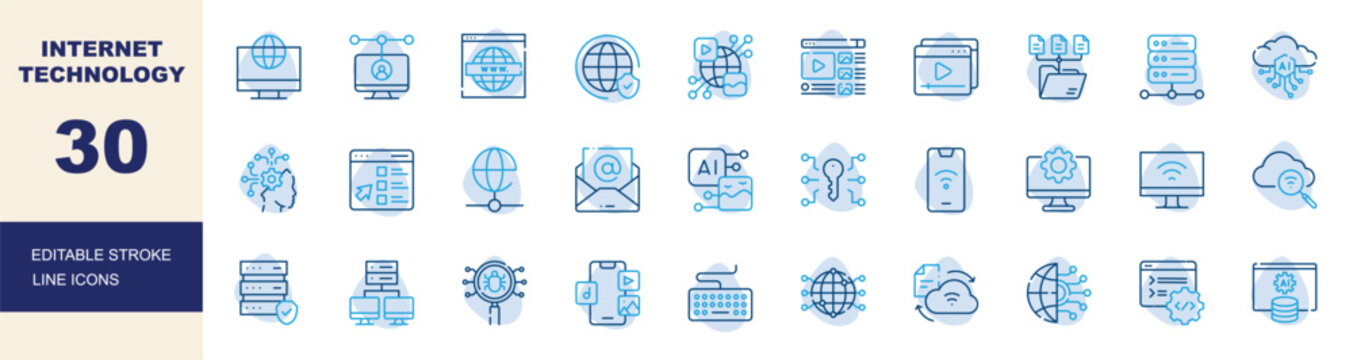 Internet Technology, Web Development, Cloud Computing, Network Security Line Icons Set Editable Stroke Vector Illustration