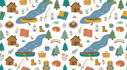 Naklejka premium Cute Camping and River Adventure Seamless Pattern, Flat Style Vector Art