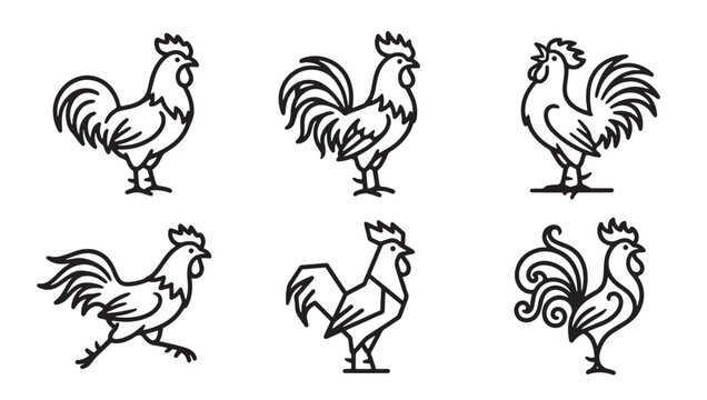 Set of six black and white rooster vector icons with cockerel collection illustration character standing agriculture livestock domestic minimalist isolated monochrome feathers