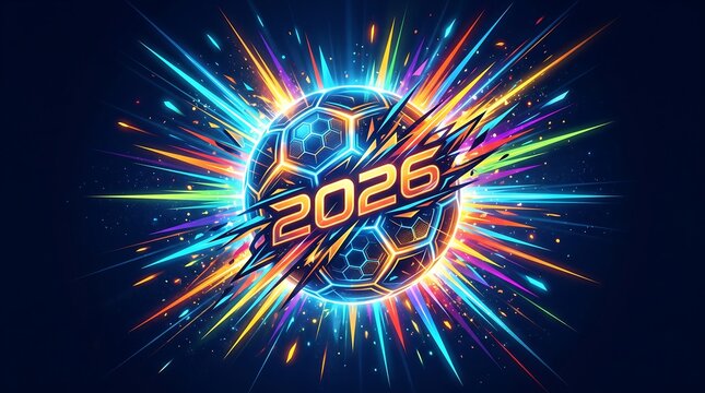 Vibrant Futuristic Soccer Ball Explosion Celebrating the Upcoming Year Twenty Twenty-Six Dynamic Digital Art Design