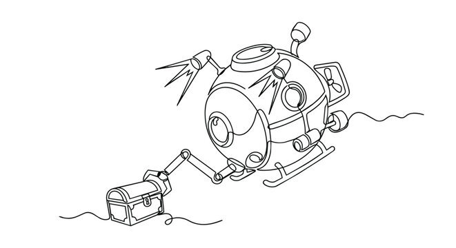 Minimalist continuous line art of a deep sea submarine explorer finding a sunken treasure chest in the deep ocean.