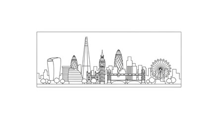 Obraz premium London Skyline Black and White Outline Drawing, Famous Landmarks