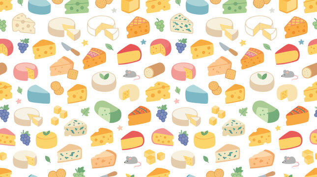 Cute Flat Design Food Industry Seamless Pattern with Various Cheese Types, Crackers, Grapes, and Mouse