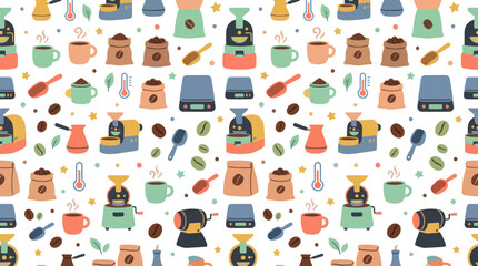 Fototapeta premium Coffee Industry Flat Cartoon Seamless Pattern with Grinders, Beans, Cups Brewing Equipment.