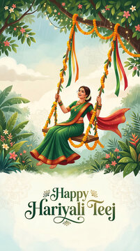 Festive harivalli tey celebration with joyful woman on a swing under decorated tree for indian festival of teej with vibrant traditional attire