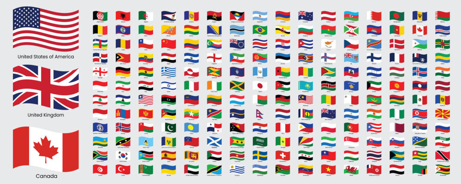 Collection of national flags from around the world on gray background
