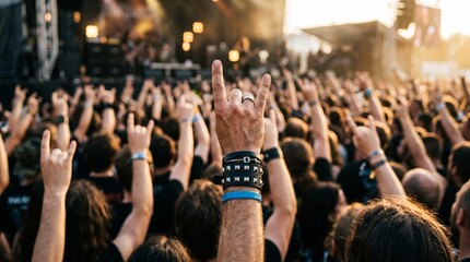 Fototapeta premium Crowd at a rock concert enthusiastically raising hands in the air