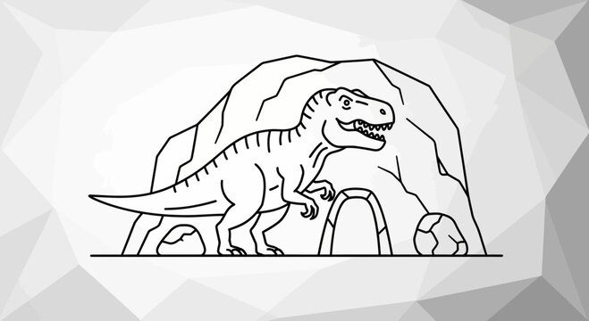 Dinosaur T-Rex standing in front of cave entrance, cartoon outline illustration