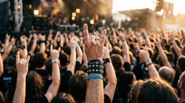 Crowd at a rock concert enthusiastically raising hands in the air