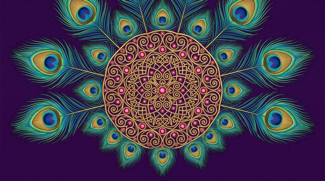 Intricate peacock feather pattern mandala design on dark purple background with ornament, circular