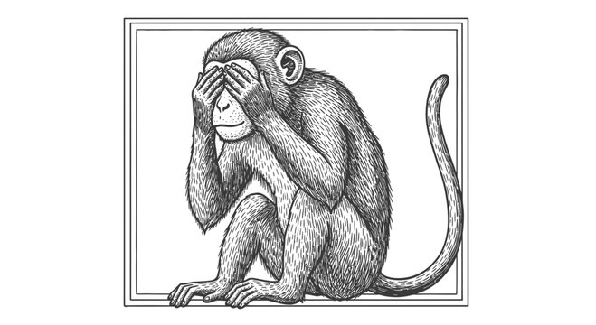 Monkey covering eyes, illustration of see no evil concept, vintage style