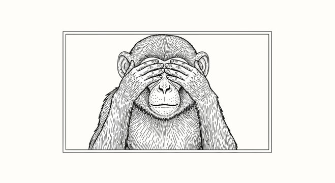 Monkey Covering Eyes, See No Evil, Black and White Illustration, Primate, Animal Symbolism