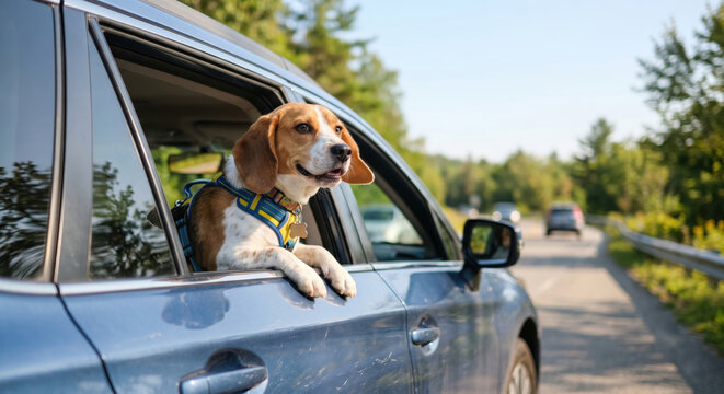 A dog enjoys the drive by putting its head out of the car window. The vehicle travels on a road surrounded by trees under clear blue skies