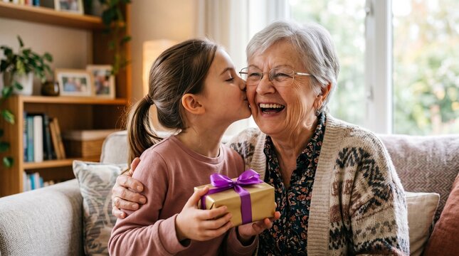 Little girl gives a surprise gift and a kiss to her happy grandmother