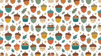 Fototapeta premium Cute Acorn Characters Autumn Pattern Vector Illustration - Flat Design
