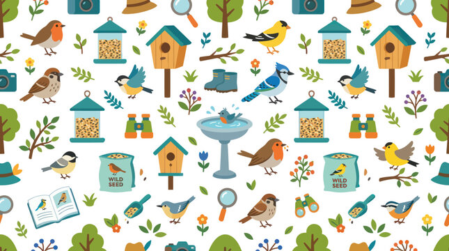 Nature Birdwatching Flat Vector Seamless Pattern. Cute Birds, Feeders, Houses  Outdoor Hobby Elements