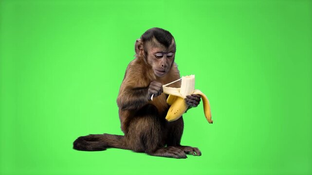 A smart brown capuchin monkey peeling and chewing a fresh yellow banana over a solid green chroma key background. This optimized video asset is perfectly structured for seamless background replacement