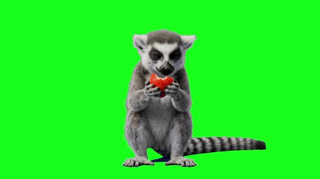 A detailed 3D animation of a realistic ring-tailed lemur sitting and eating a vibrant red strawberry against a chroma key green backdrop. Perfect for commercial video editing, wildlife content, and he