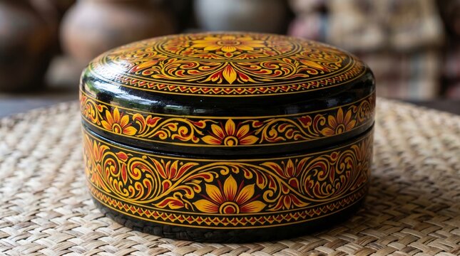 Traditional handcrafted thai black lacquerware round box with gold floral painting, lacquerware