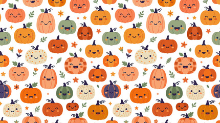 Obraz premium Cute Kawaii Pumpkins Seamless Pattern, Flat Vector Illustration, Autumn Fall
