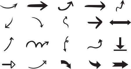 Fototapeta premium Hand drawn arrow set, 20 black ink sketch arrows, decorative pointer icons for infographics and presentations, vector eps format